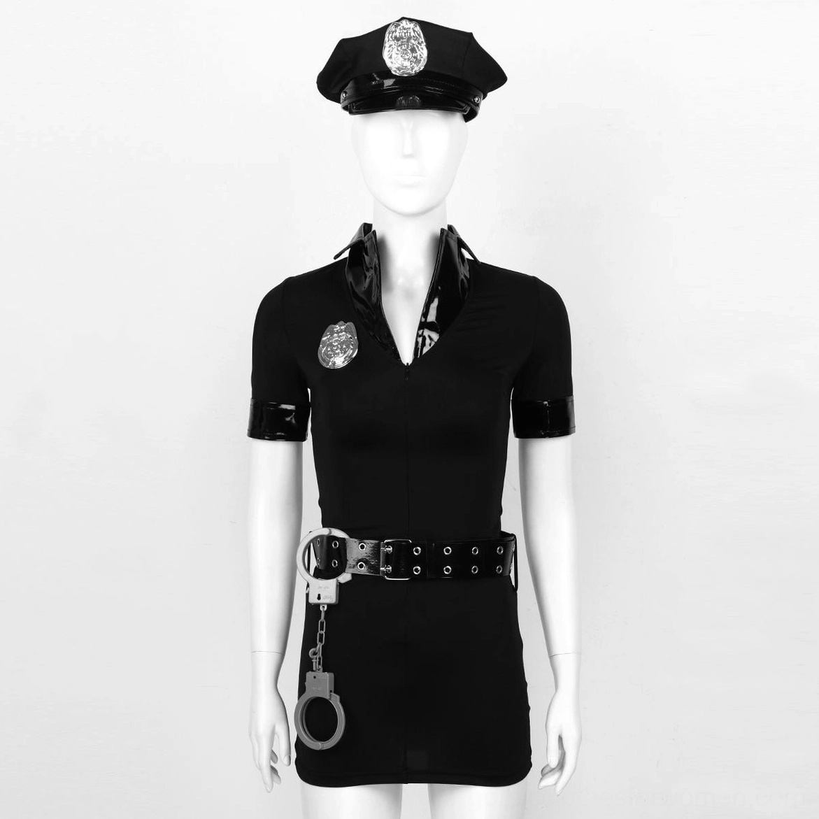 Gothic police bodycon mini dress with zip closure and deep V-neckline