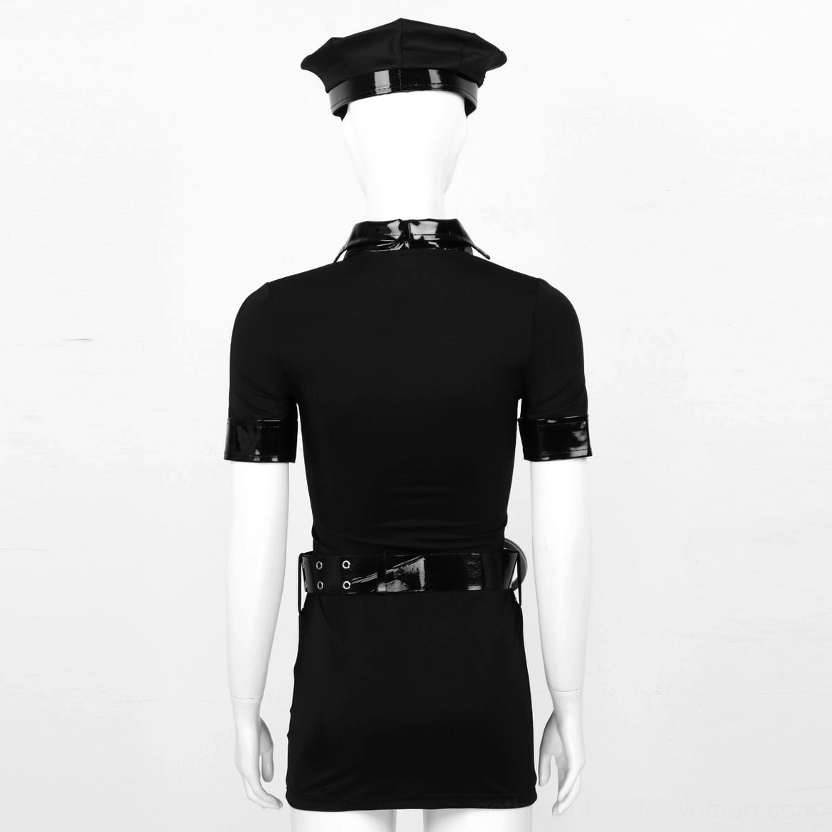 Styled flat lay of complete gothic police costume with handcuffs and belt