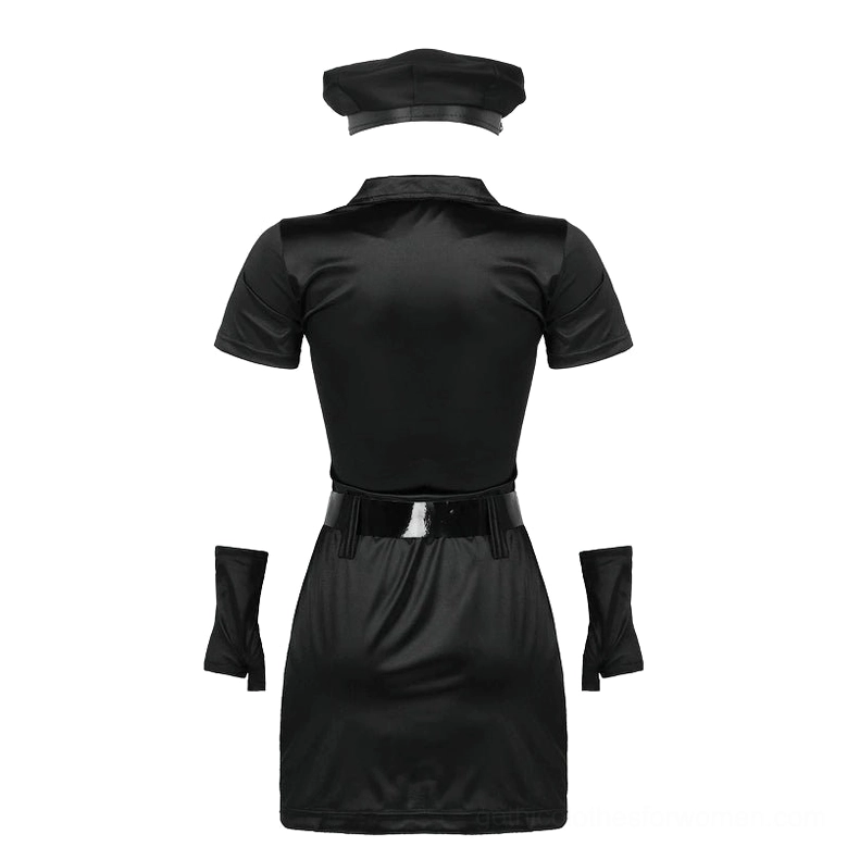 Back flat lay view of black police officer costume components showing dress structure and included items