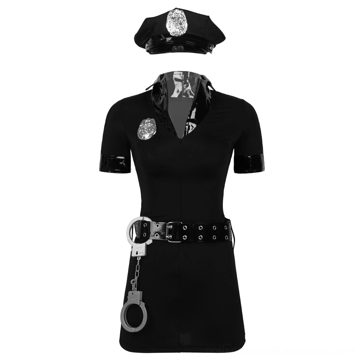 Flat lay of complete gothic police costume set including dress, hat, belt, and handcuffs with patent leather trim