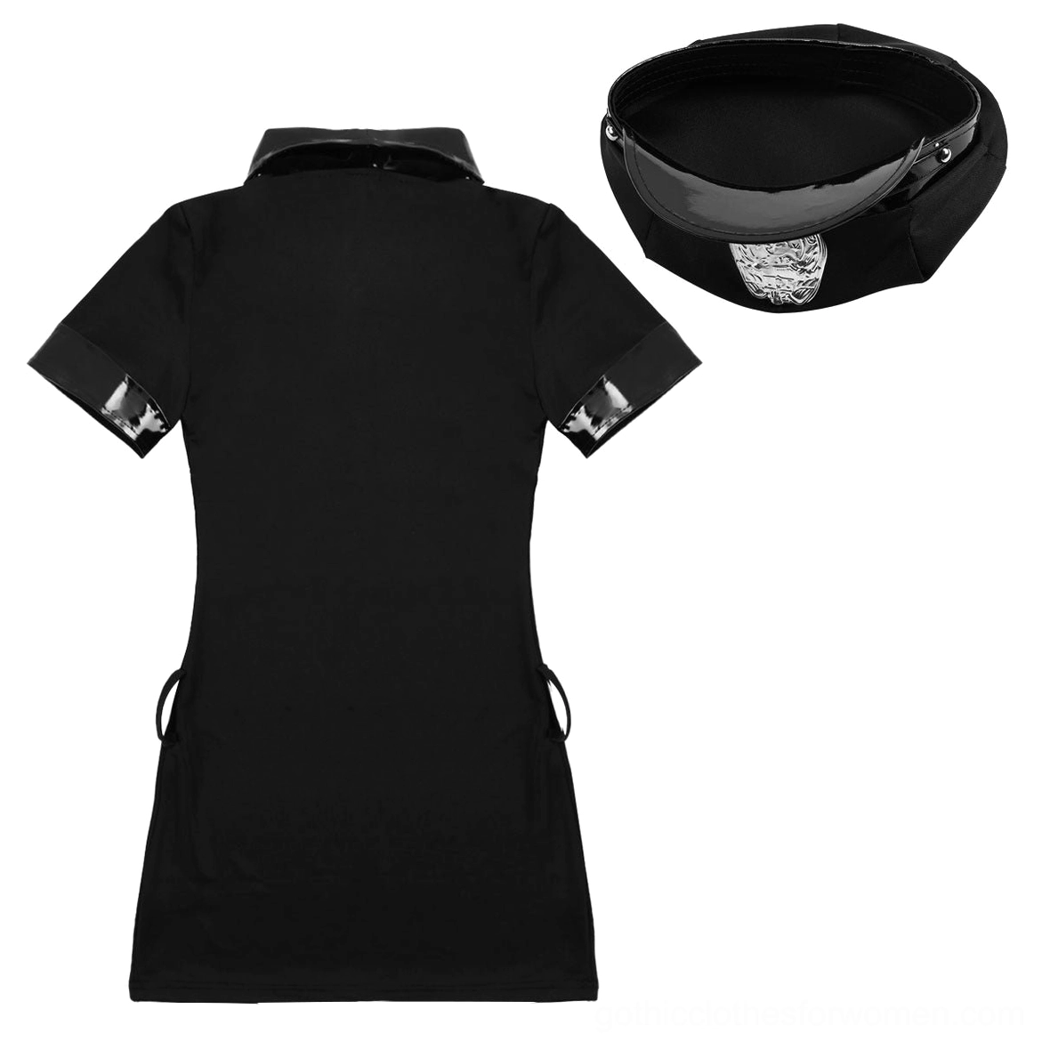 Gothic police costume detail pieces showing dress back and hat with badge emblem