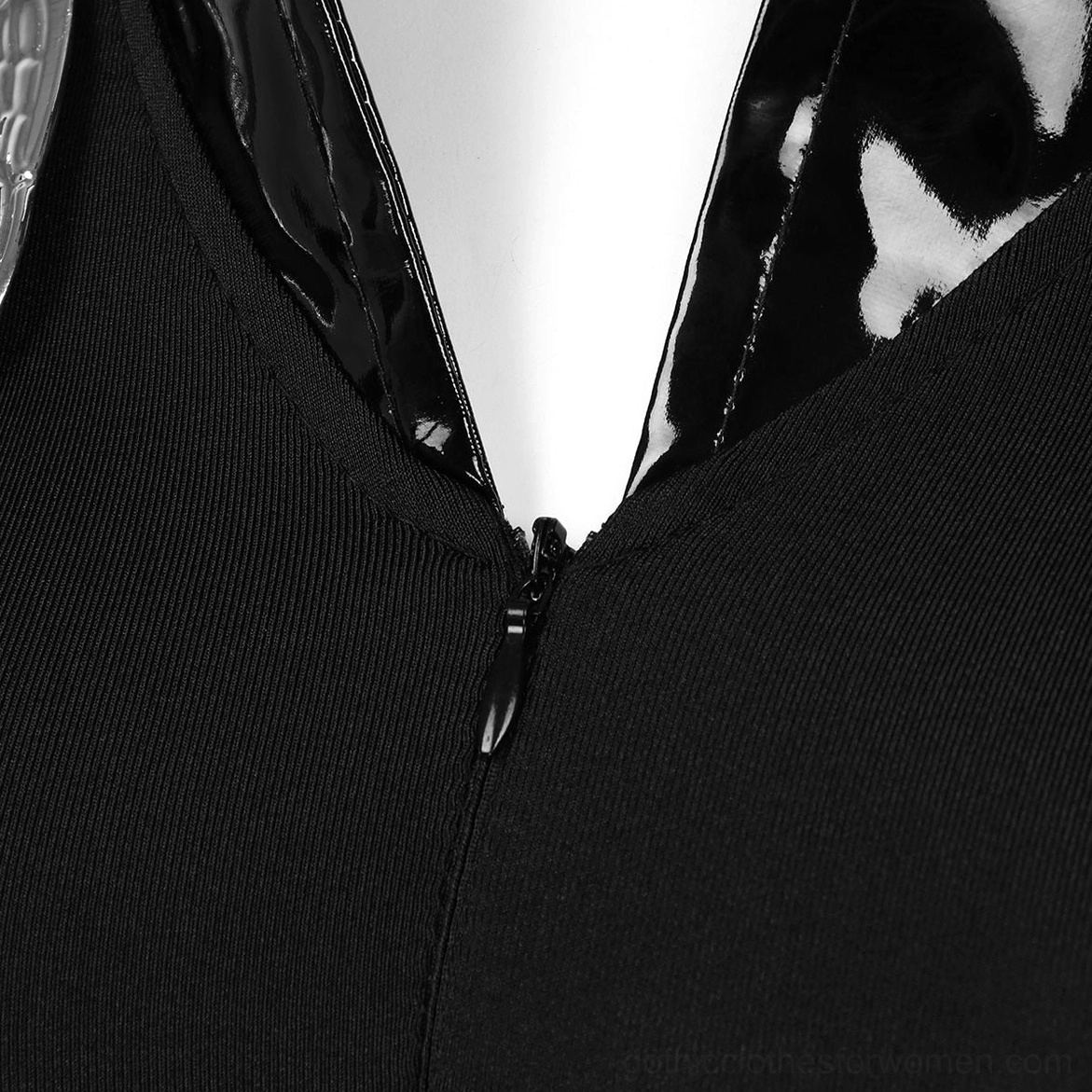 Black police officer bodycon costume with patent leather collar trim and badge