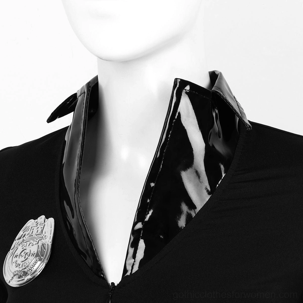 Gothic police officer costume dress showing side profile and silhouette fit