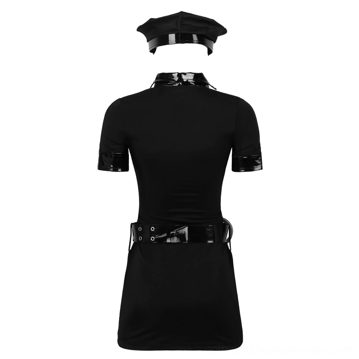 Back view flat lay of gothic police dress with matching hat and patent leather belt details