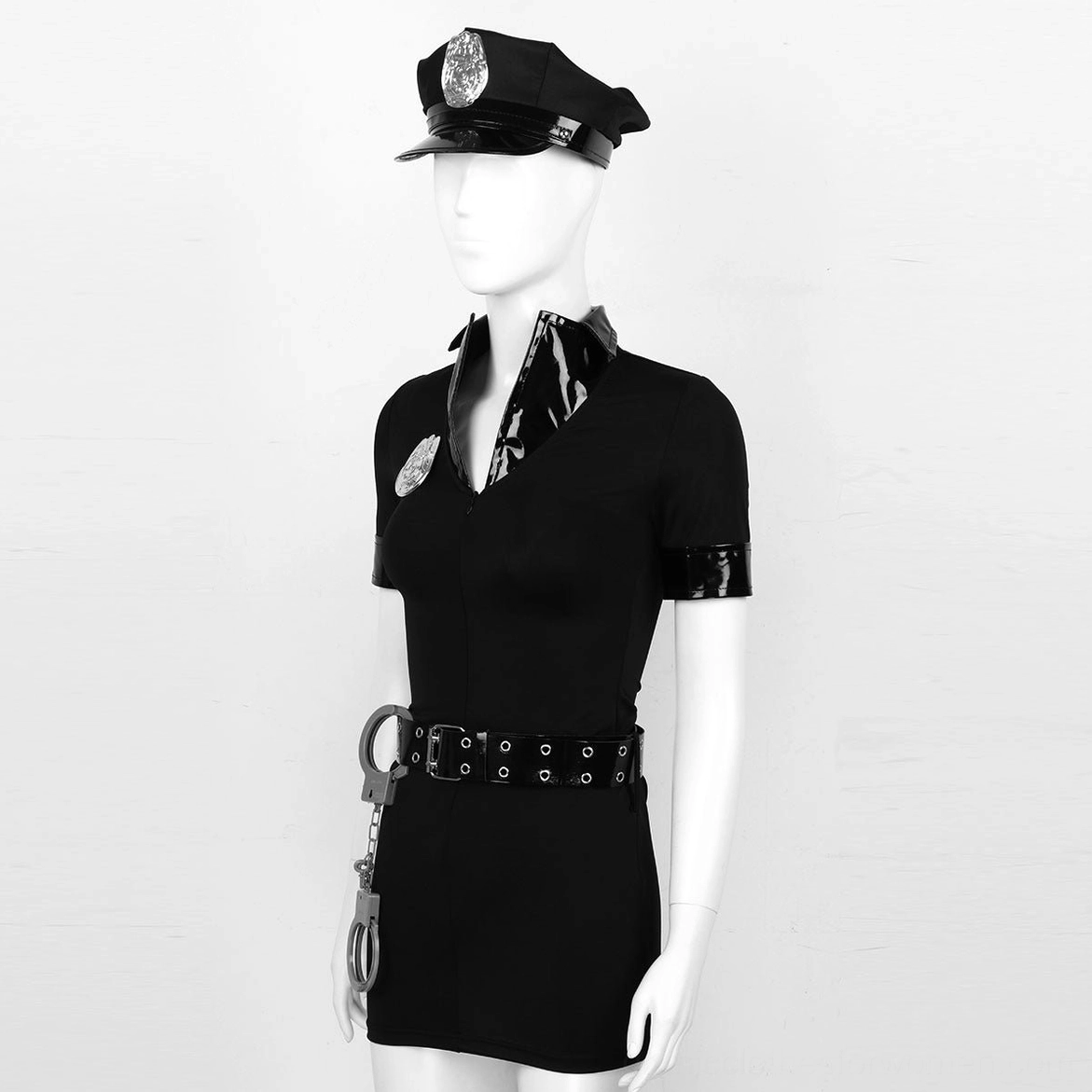 Black gothic police hat with official badge detail and costume accessories