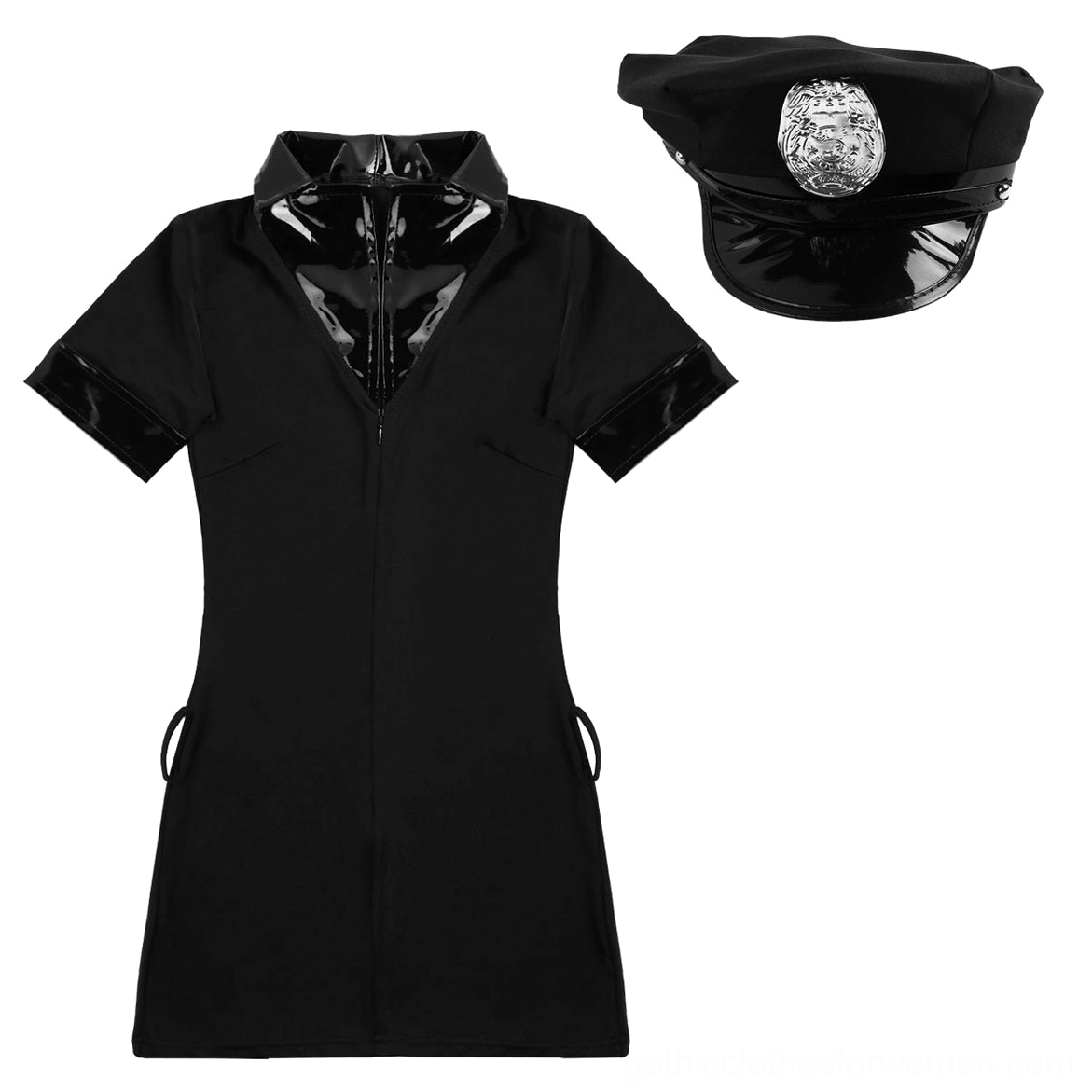 Front flat lay view of black gothic police uniform dress with short sleeves and shiny trims