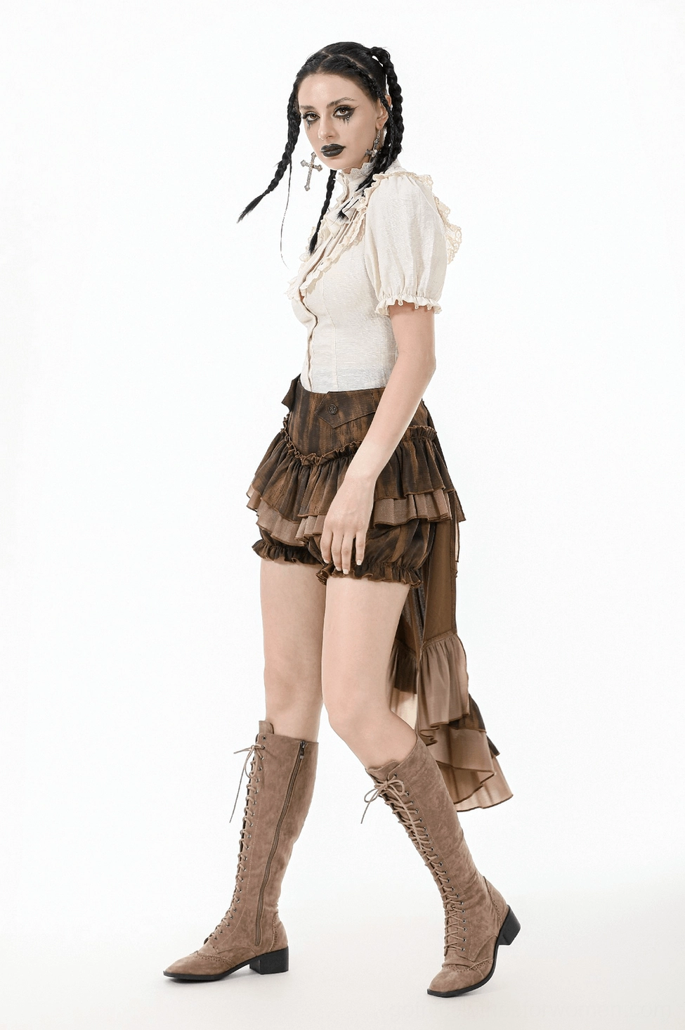Alternative styling angle of gothic puff sleeve blouse showing versatility for different outfit combinations