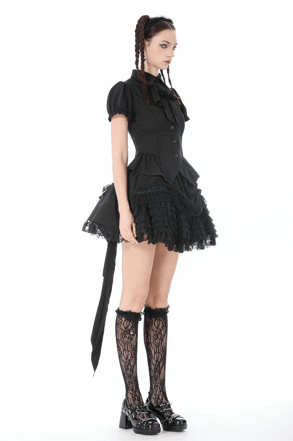 Gothic puff sleeve corset blouse front button and collar styling detail
