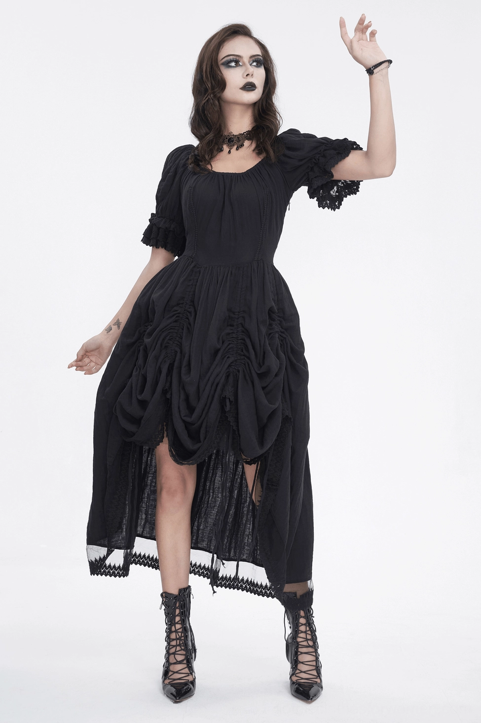 Gothic puff sleeve corset dress model wearing alternative fashion