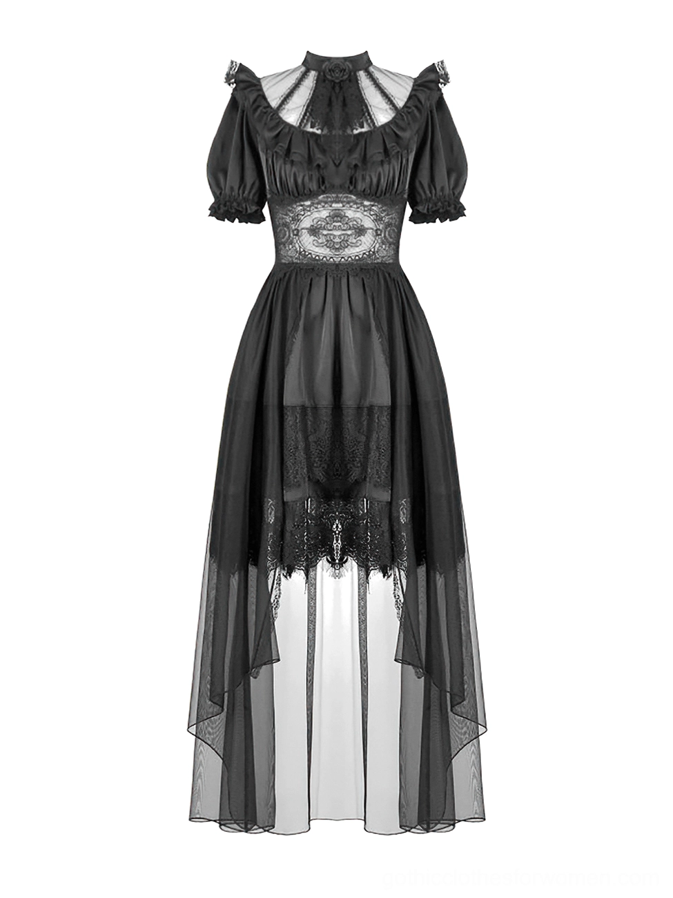 Black gothic dress flat lay showing mock neck and sheer tulle skirt design