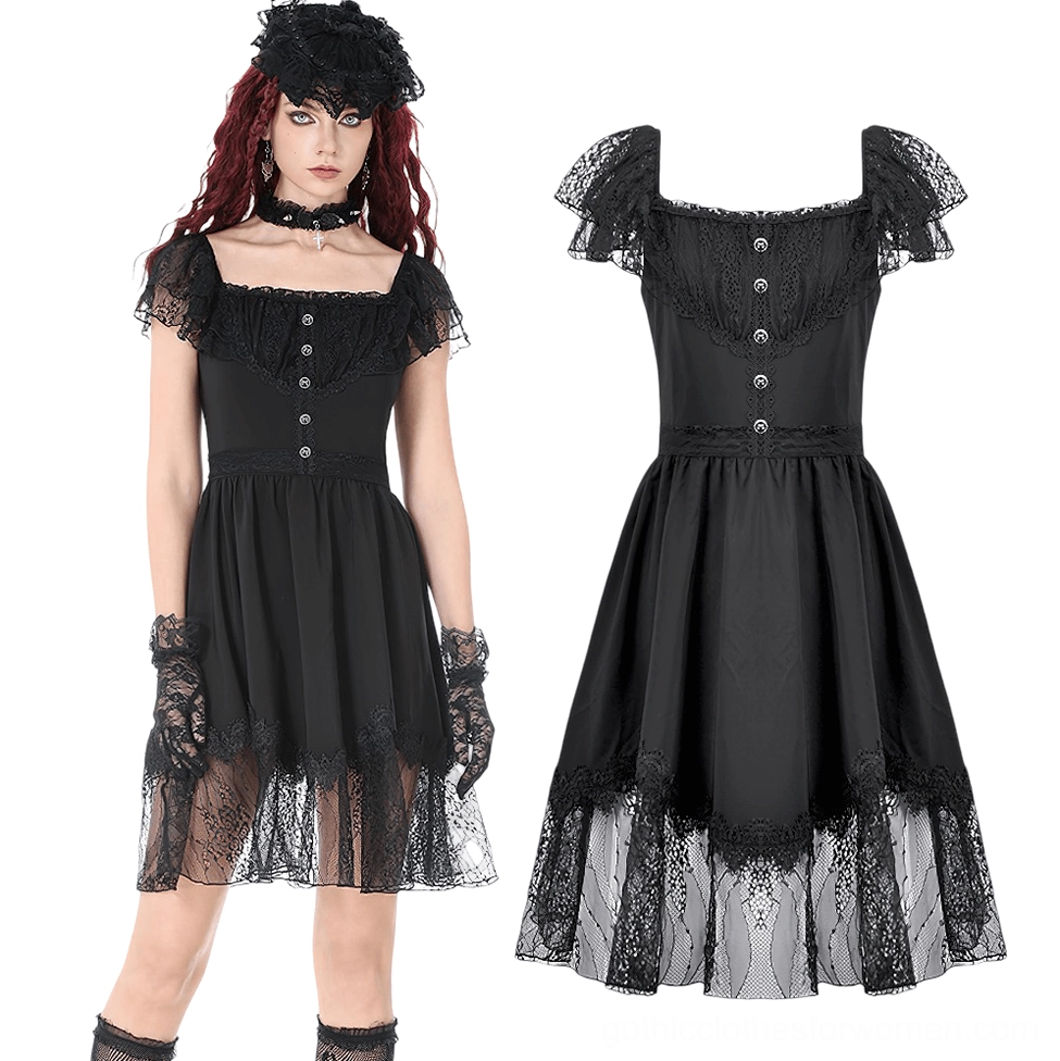 Black victorian gothic puff sleeve dress flat lay and styled view with model, showing square neckline and front button details