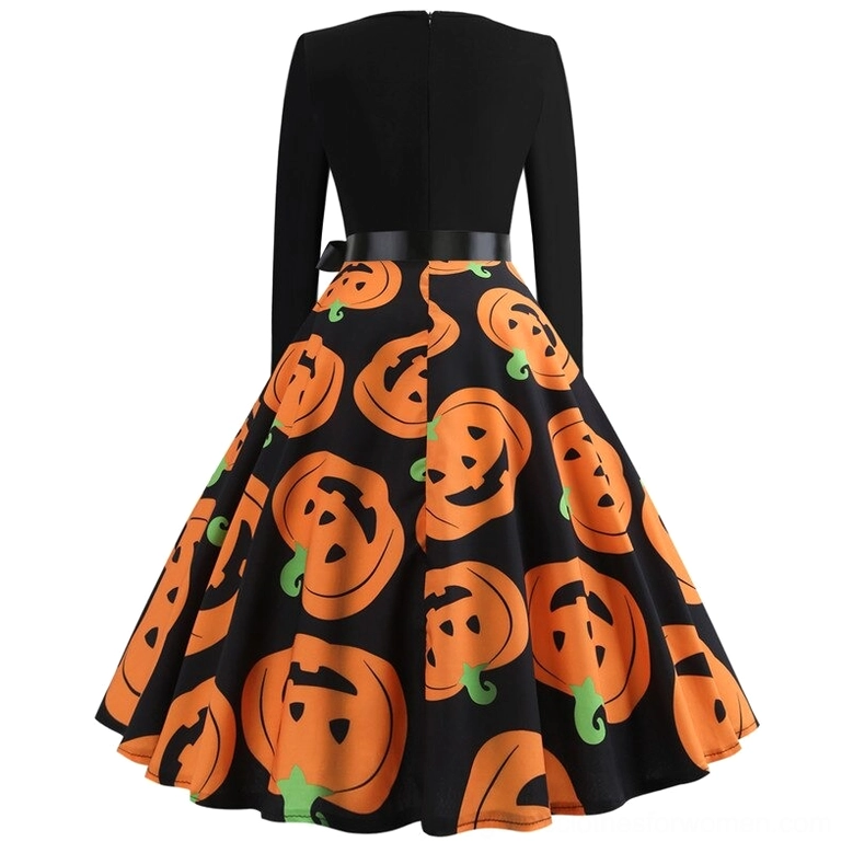 Black gothic women's dress featuring unique pumpkin print arrangement and waist definition