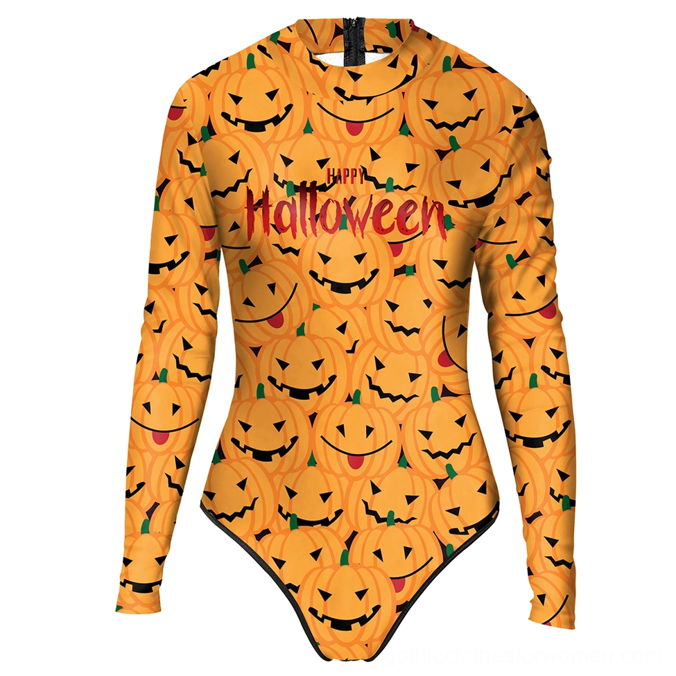 Flat lay product shot of gothic long sleeve pumpkin print one-piece swimsuit, displaying black trim accents, full-length sleeves, and all-over halloween pumpkin design