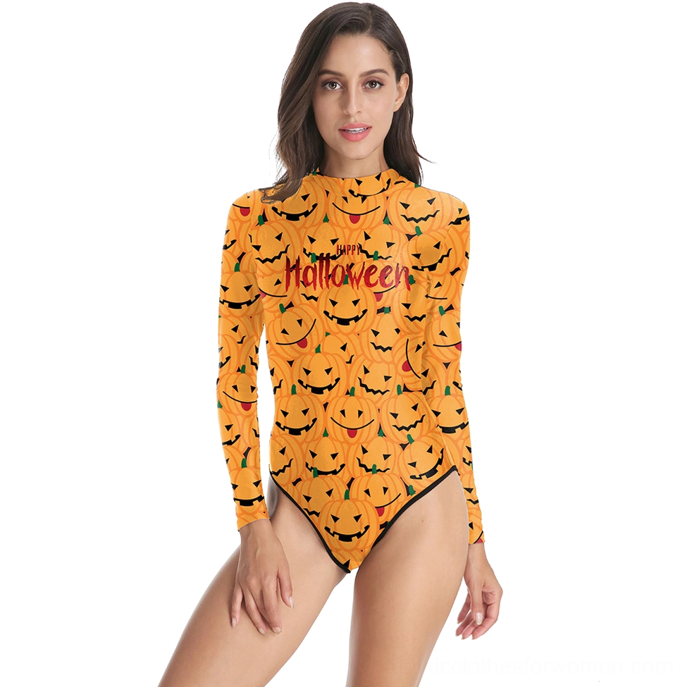 Gothic pumpkin long sleeve one-piece swimsuit front view, featuring all-over orange pumpkin print with Happy Halloween text, high neckline, and slim fit design on model