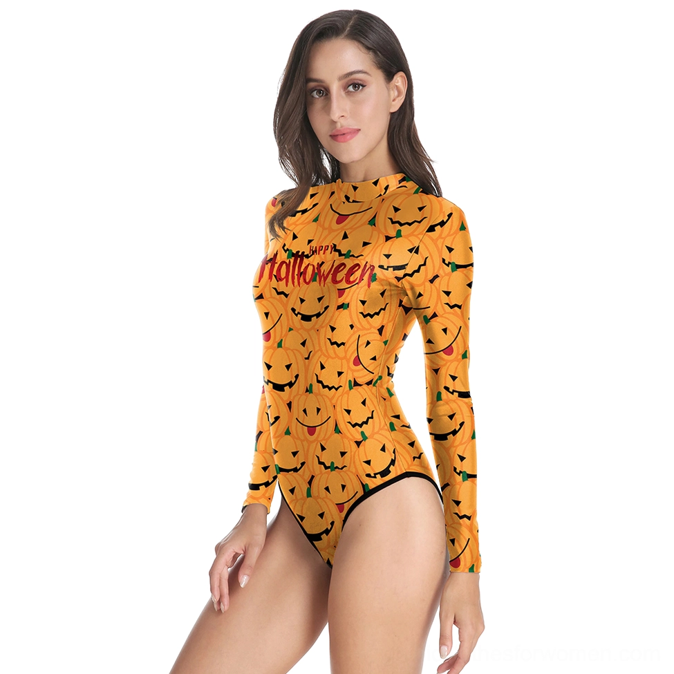Side front view of women's gothic halloween swimsuit with pumpkin print and Happy Halloween text, showcasing slim fit and long sleeve construction