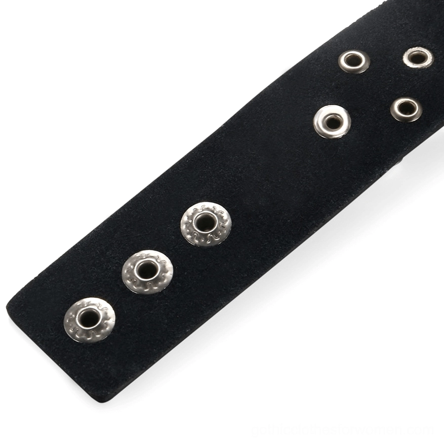 Flat-laid punk cross bracelet strap showing black leather, silver cone studs distribution, curb chain, and cross ornament from top view