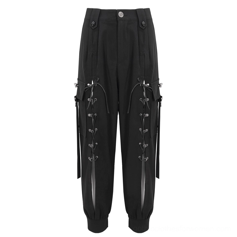 Black punk lace-up cargo jogger pants flat lay featuring dual hollow-out lacing skull metal buckles and solid black woven fabric