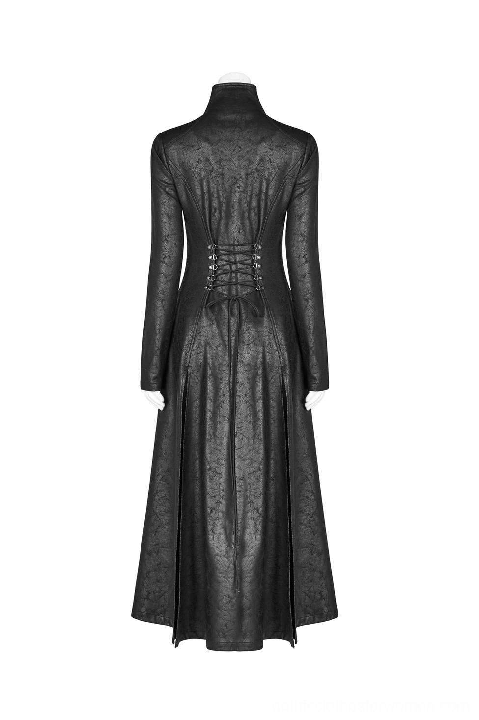 Black gothic punk coat back view on mannequin showing corset lace-up back fastening and a-line flared hem silhouette