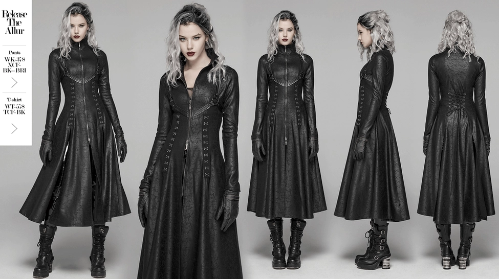 Black embossed cracked leather gothic punk long coat complete view highlighting dramatic floor-length silhouette and gothic aesthetic