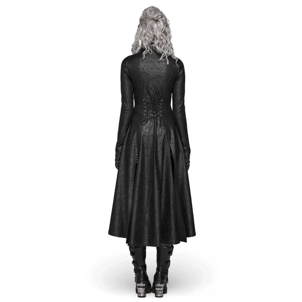 Black gothic punk long coat back view showcasing dramatic corset lace-up back design and floor-length flared hem on model