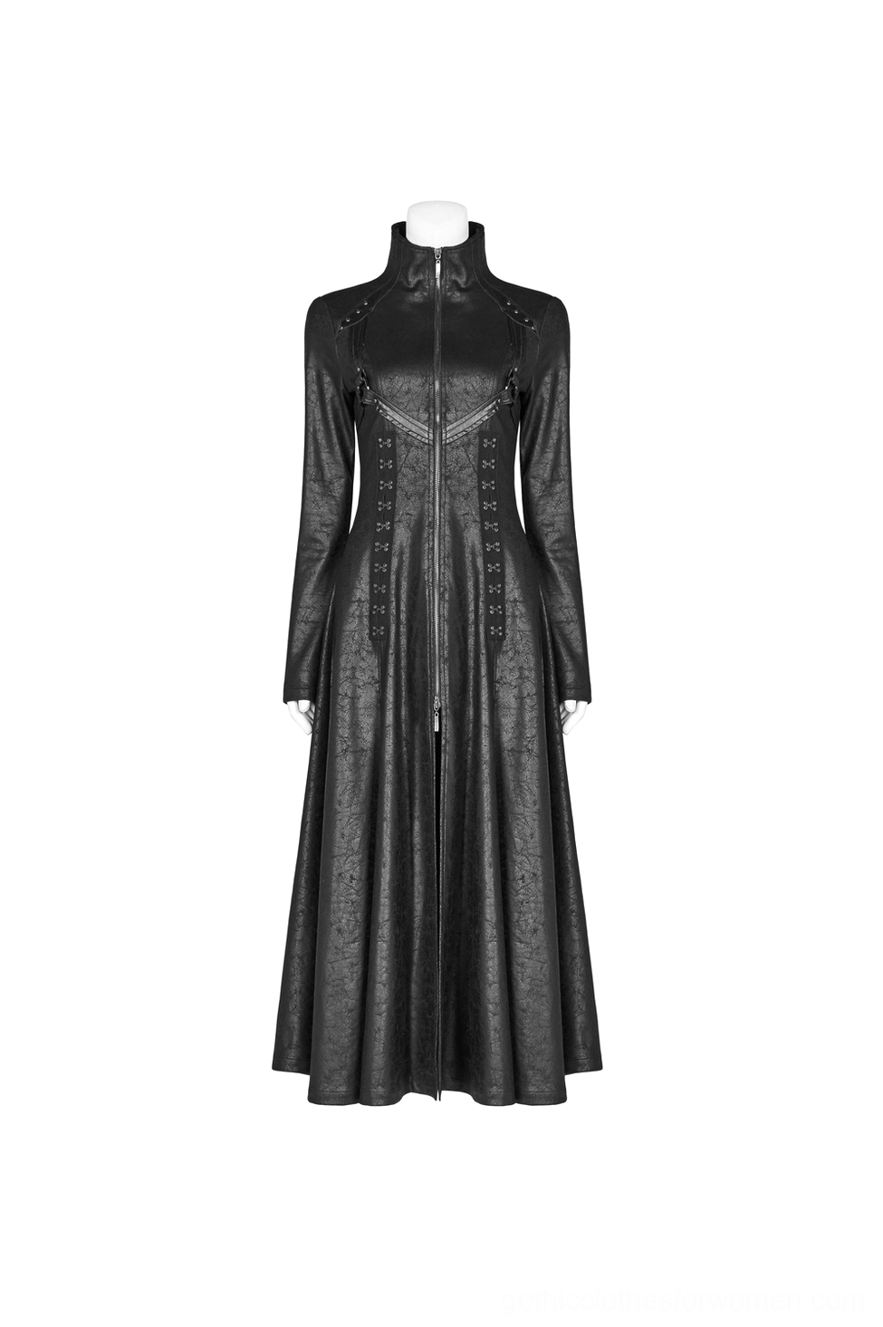 Black gothic punk long coat front angle on mannequin with cracked faux leather texture and slim tailored fit through torso