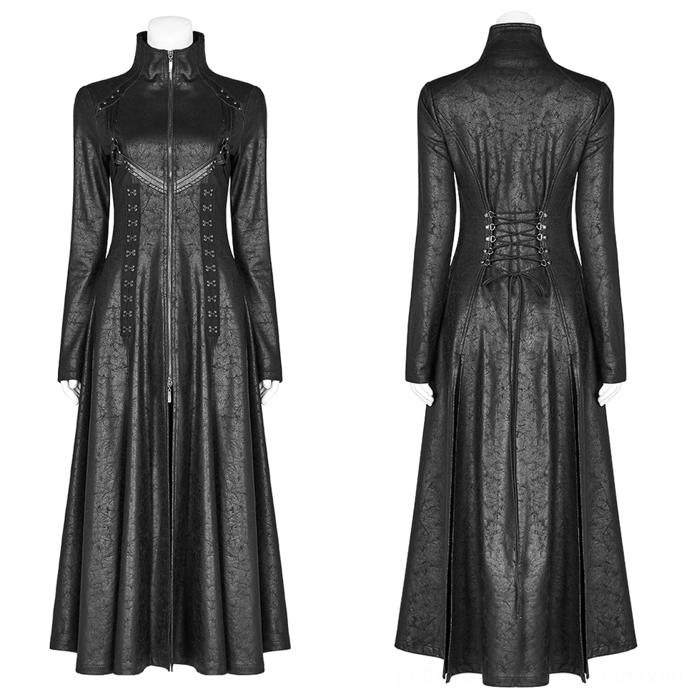 Black embossed cracked leather gothic punk coat front display on mannequin showing fitted silhouette and high collar detail