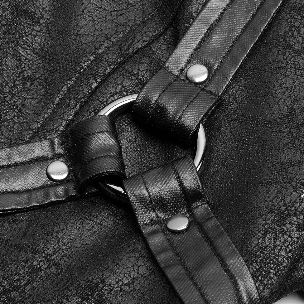 Close-up detail of metal ring strap with rivet fasteners on gothic punk coat textured faux leather surface