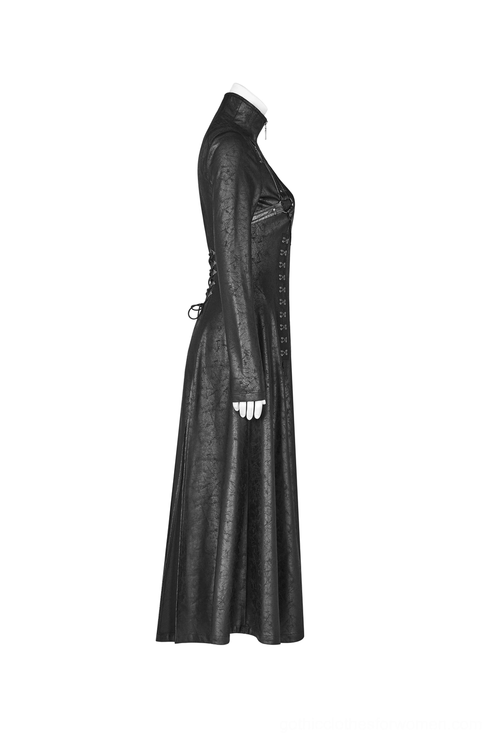 Black gothic punk coat side view on mannequin displaying fitted silhouette with side lace-up details and full-length hem