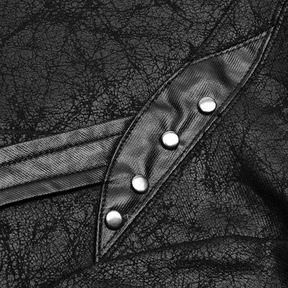 Black embossed cracked leather gothic punk coat sleeve and cuff detail with piezoelectric woven material construction