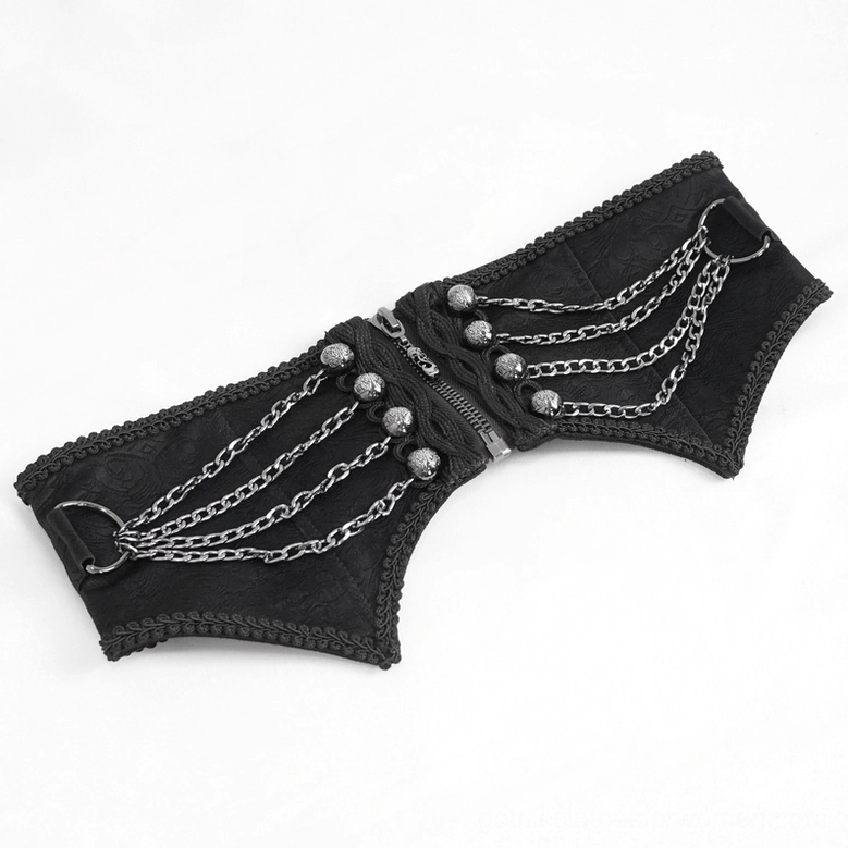 Folded flat lay view of gothic punk corset belt showing metal chains and zipper closure details