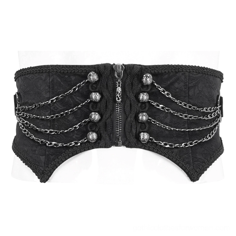 Front flat display of gothic punk waist corset belt on mannequin showing zipper and multi-layer metal chain hardware against white background