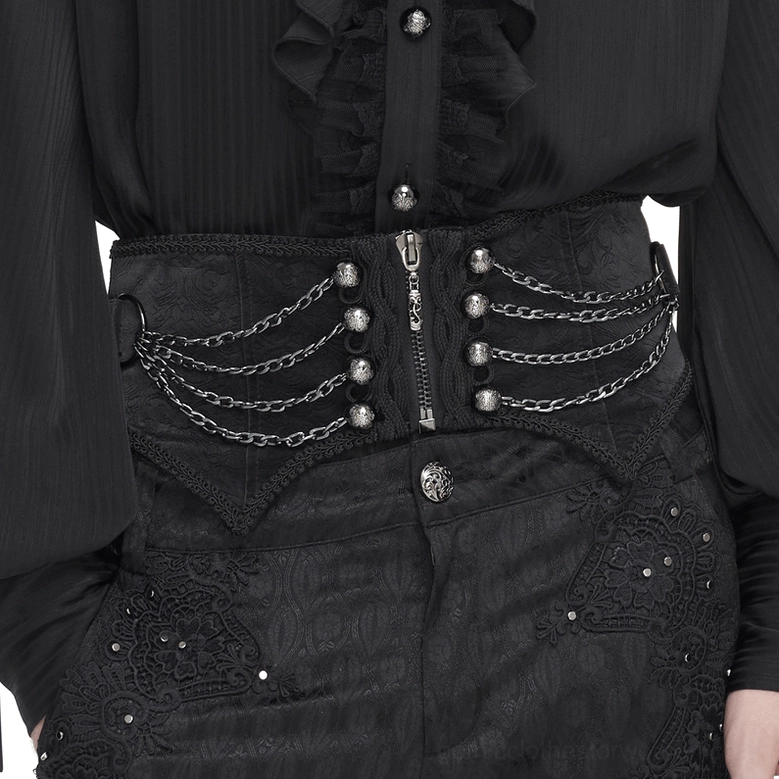 Close-up front view of gothic punk corset girdle with precision zipper closure and layered metal chains detail