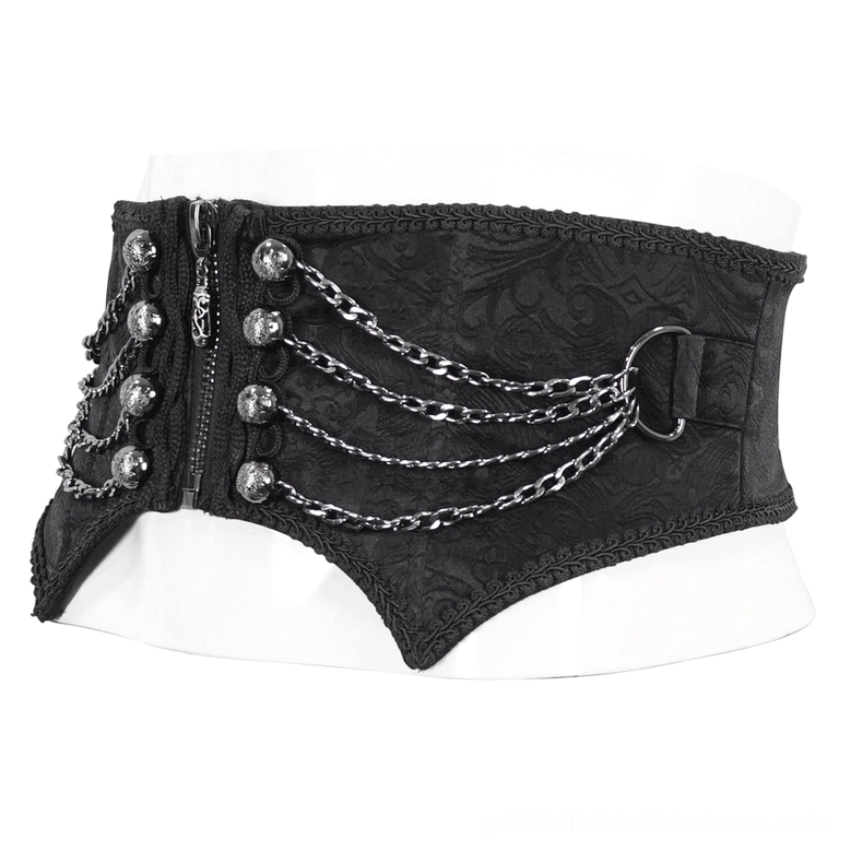 Side flat display view of men's gothic punk corset girdle showing D-ring hardware and metal chain decorations