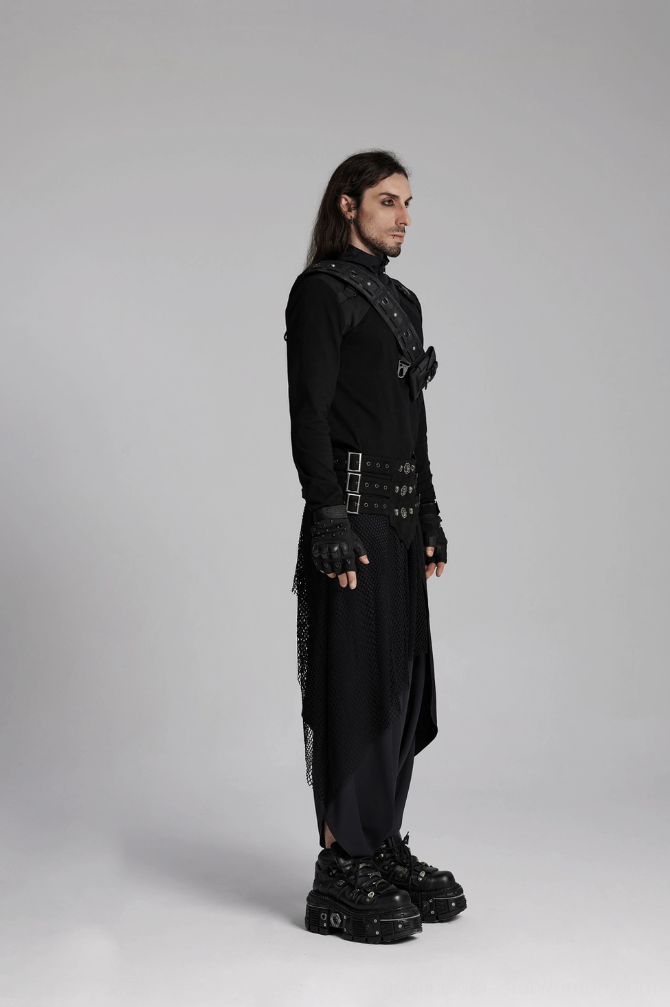Gothic punk triple-row corset belt styled on model showing how to wear and coordinate