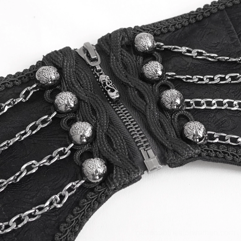 Macro close-up detail of gothic punk corset belt front showing metal bead studs and layered metal chains