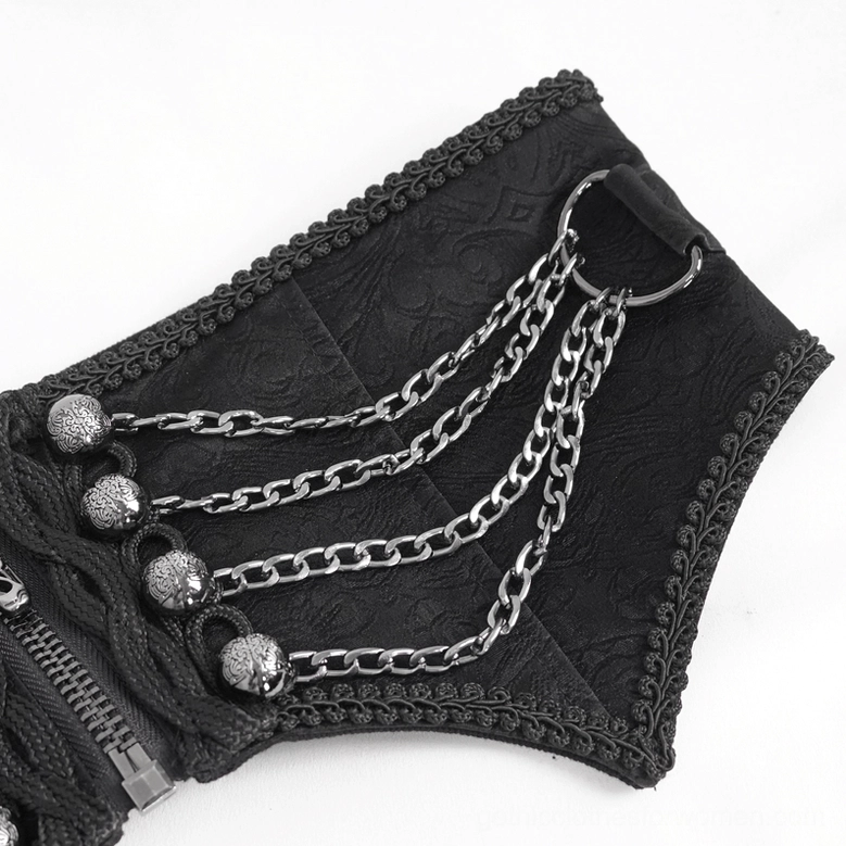 Macro side detail view of men's gothic punk corset belt showing embroidered fabric trim and metal chain hardware