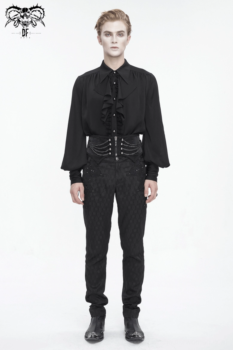 Gothic punk waist corset belt texture and material detail shot showing synthetic leather and chain finish