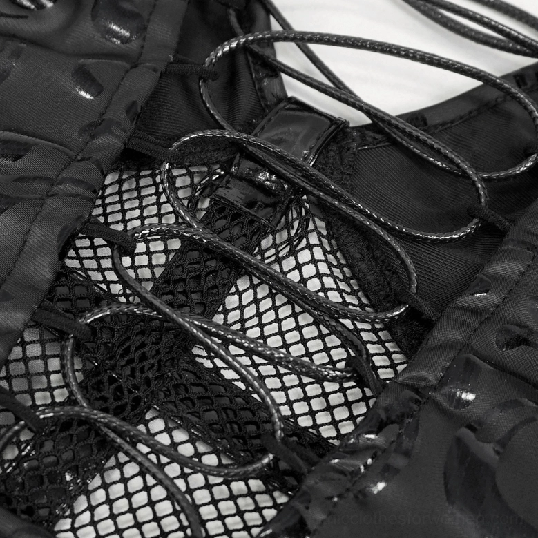 Gothic punk mini dress back close-up braided lace-up fishnet mesh embossed leather