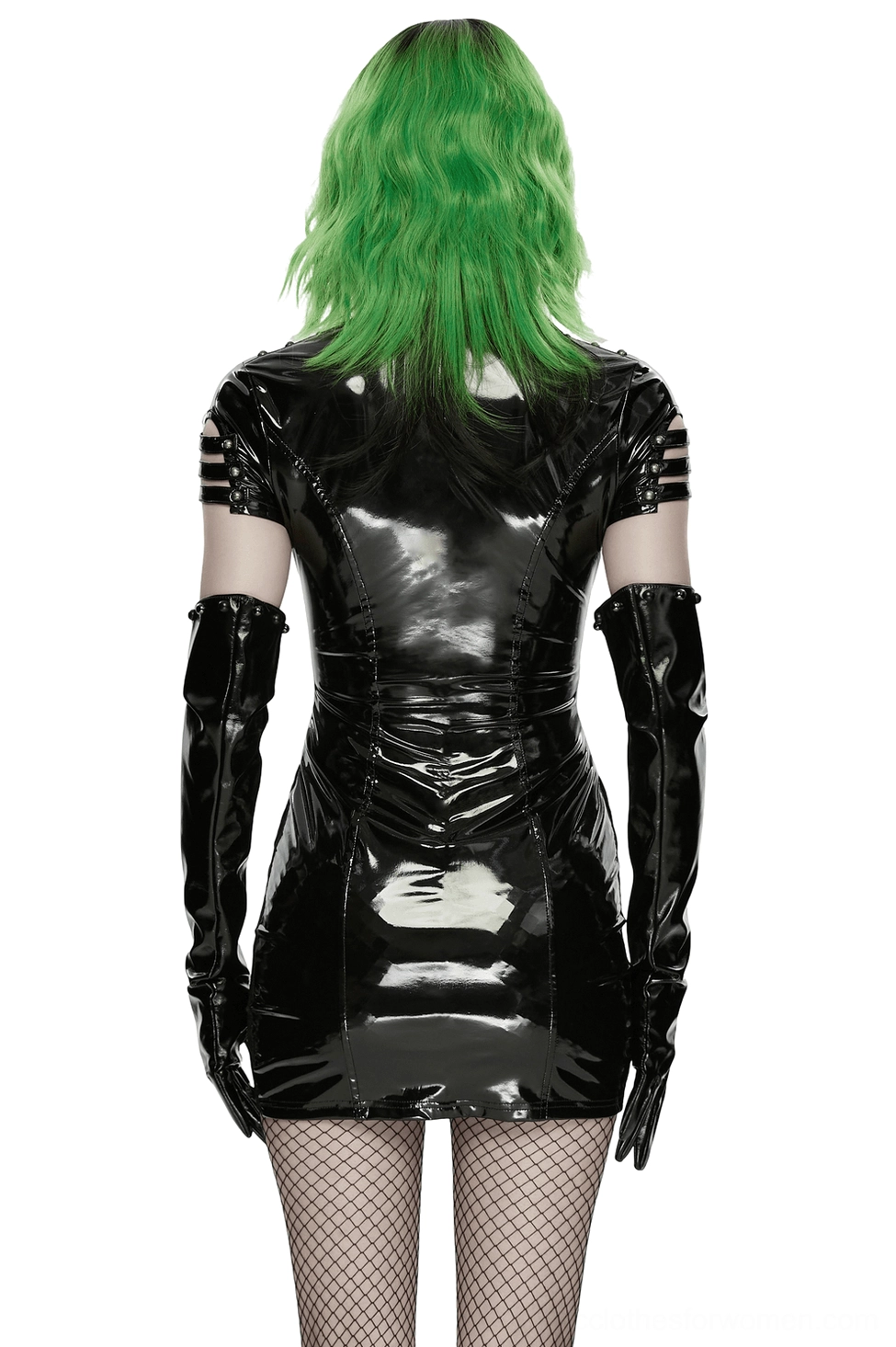 Back view of black patent leather gothic punk dress on model showing fitted silhouette with matching long gloves