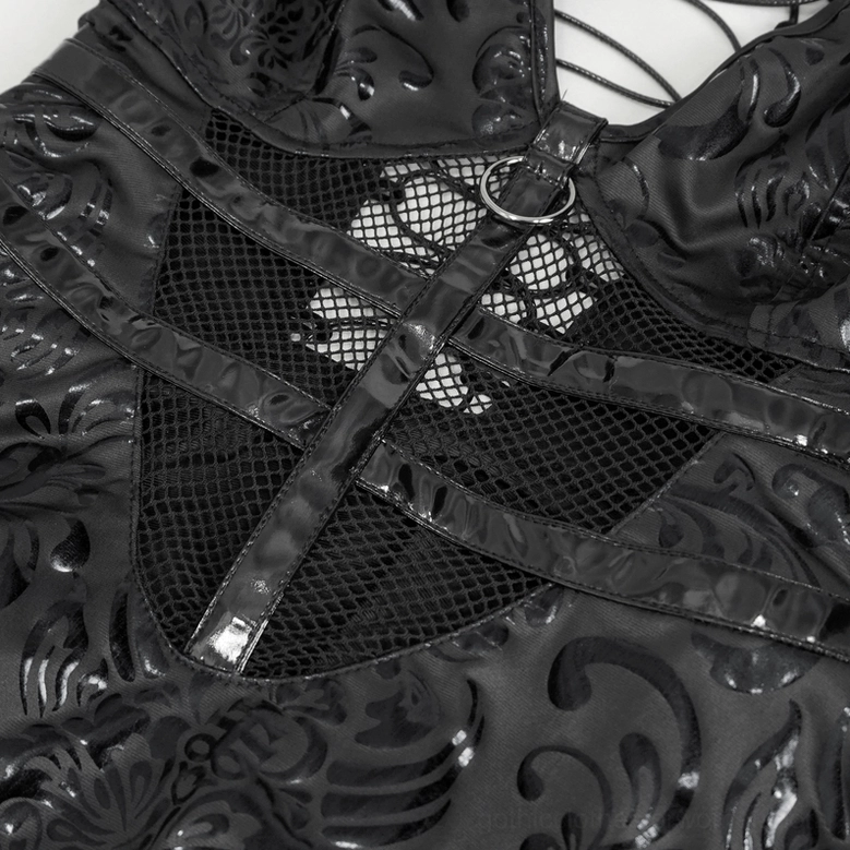 Black gothic punk dress bust area close-up o-ring hardware cross leather straps