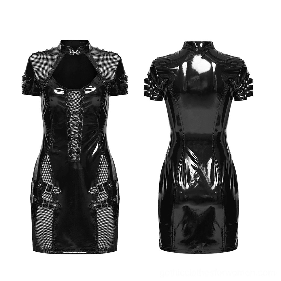 Front and back flat lay of black patent leather gothic punk mini dress displaying lace-up front and side buckle details