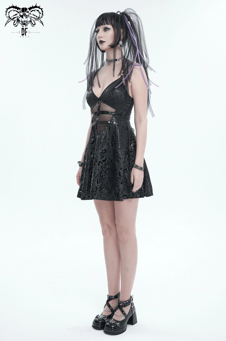 Gothic punk v-neck mini dress front hollow out mesh cutout vintage aesthetic