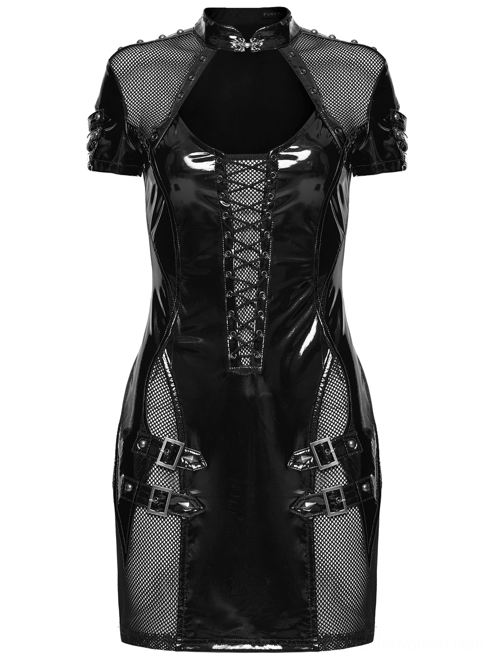 Close-up front flat lay of black patent leather gothic punk dress showing stand collar and waist buckle embellishments