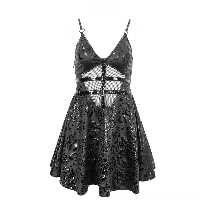 Black gothic punk mini dress on mannequin spaghetti straps mesh cutout front