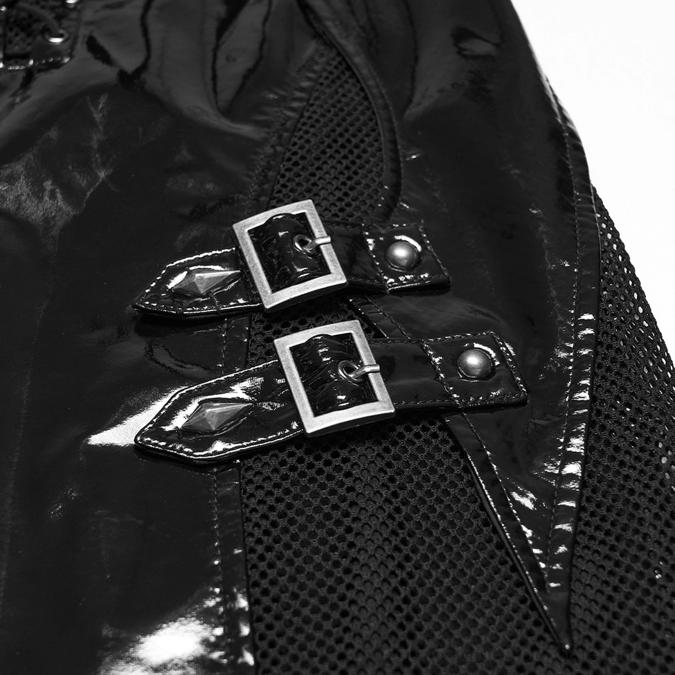 Black patent leather gothic punk mini dress mesh panel construction showing breathable material contrast with patent leather