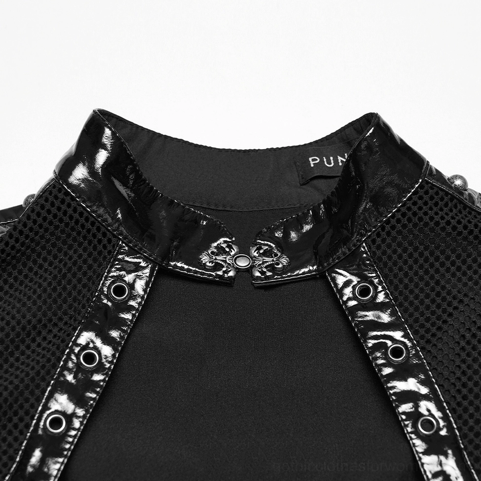Close-up detail of black gothic punk dress neckline showing patent leather trim, mesh panels, and snap fasteners