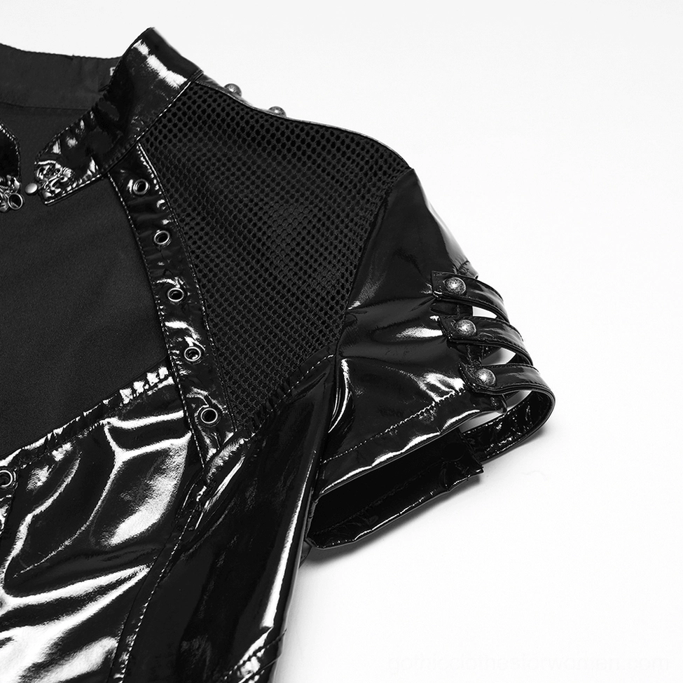 Close-up side view of gothic punk dress shoulder and sleeve detail with patent leather fabric and buckle decoration