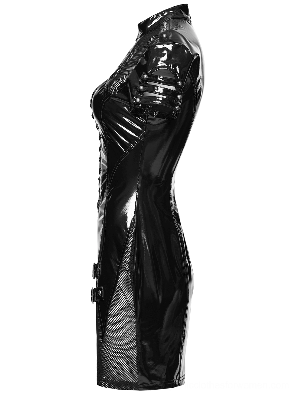 Side profile view of black patent leather gothic punk dress displaying mesh side inserts and decorative shoulder straps