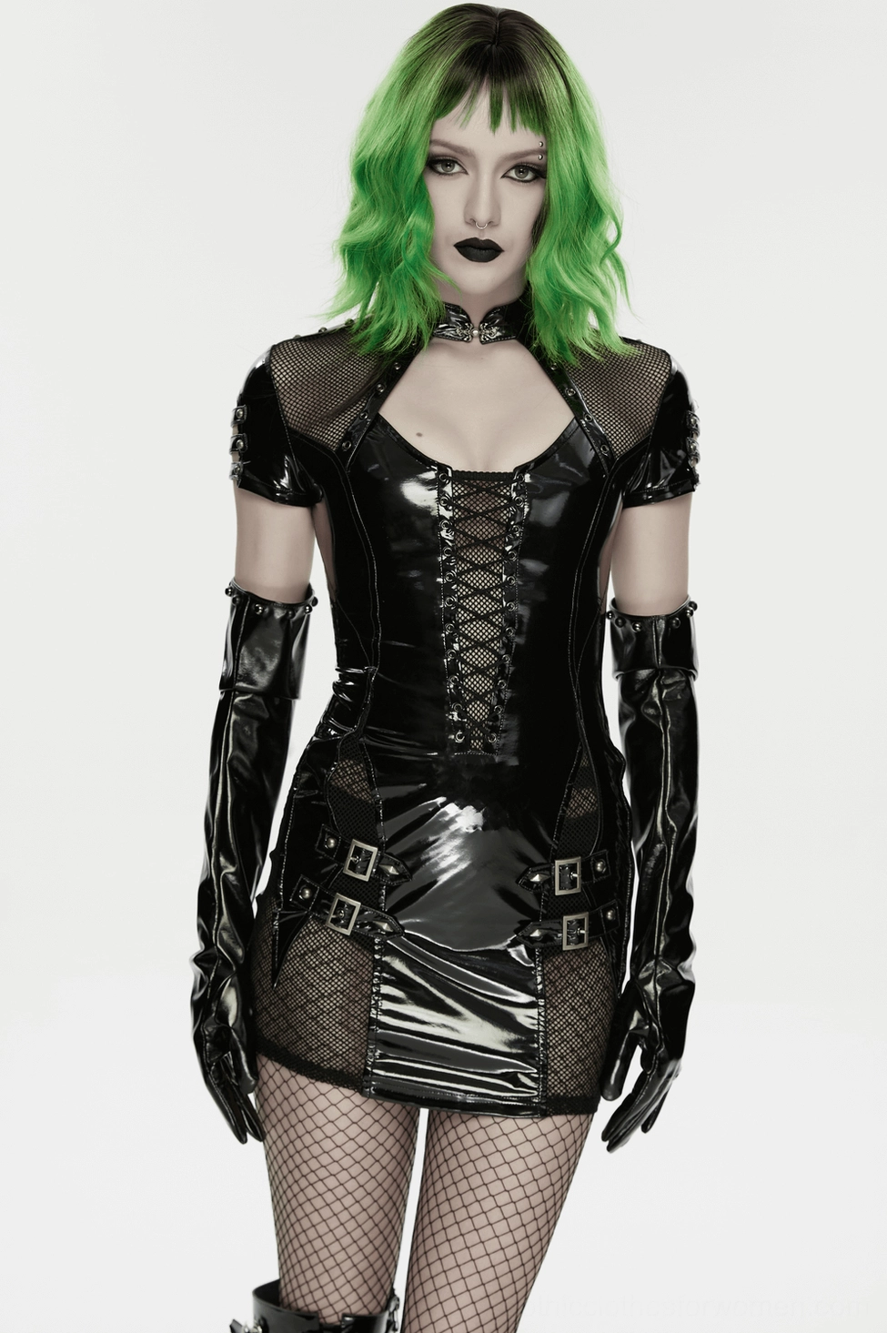 Gothic punk patent leather dress showing waist and hip buckle placement with industrial hardware aesthetic