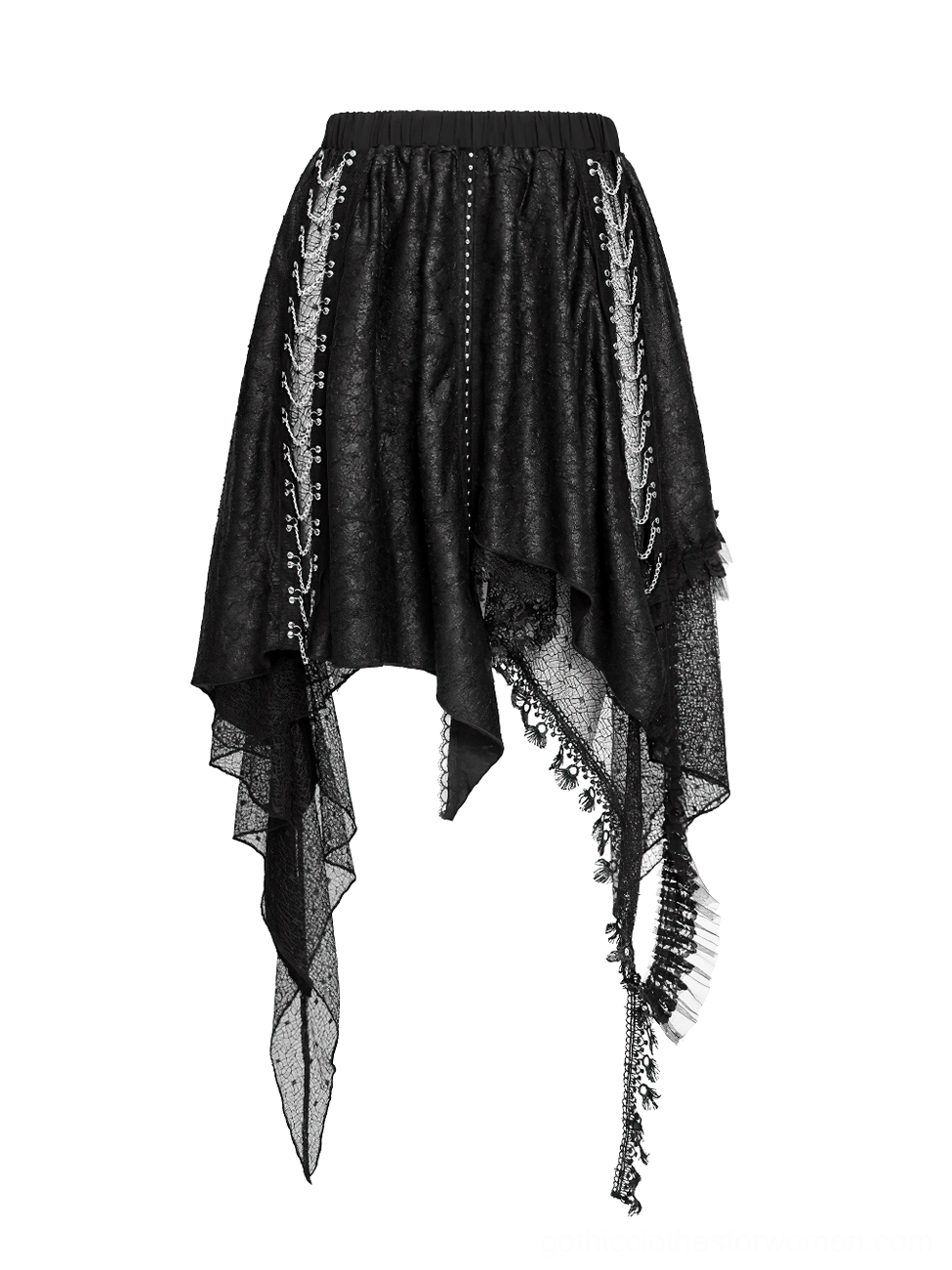 Gothic punk fashion full body styling with asymmetric lace midi skirt, matching black goth ensemble and headpiece on model